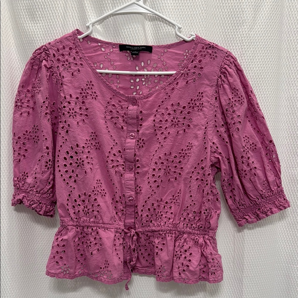 Marc New York Pink Puff Sleeve Blouse with Peplum and Tie Front